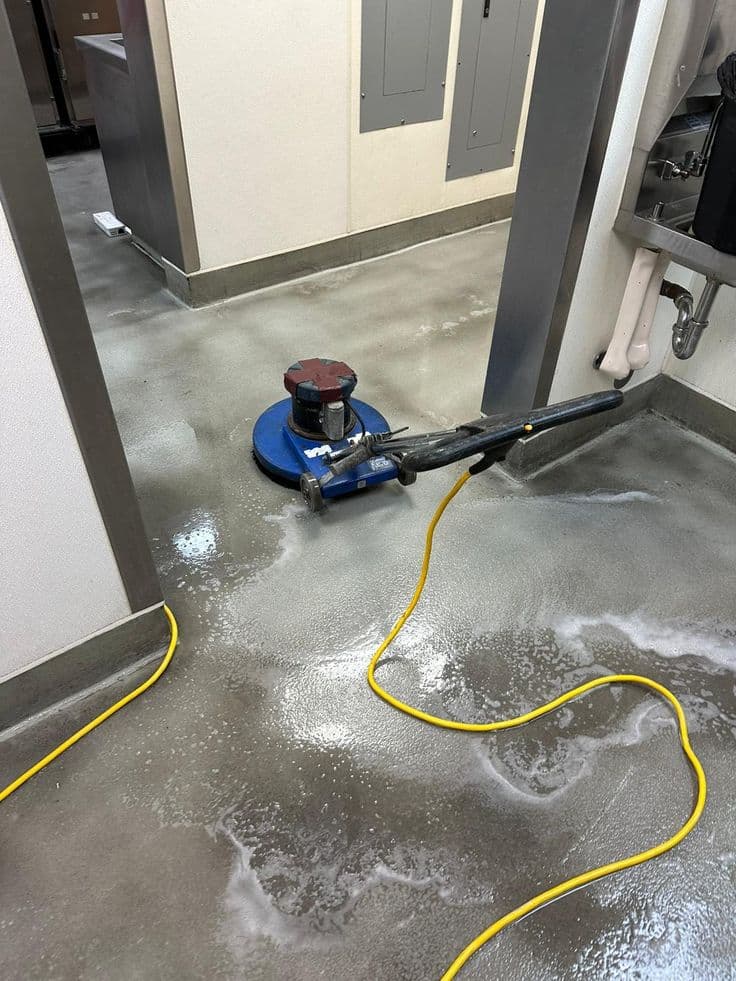 Lavagem localizada em área interna com máquina de piso.